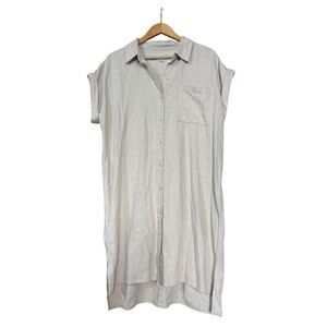 Calvin Klein Linen Blend Dress Rolled Cap Sleeve Button Down natural oatmeal sha